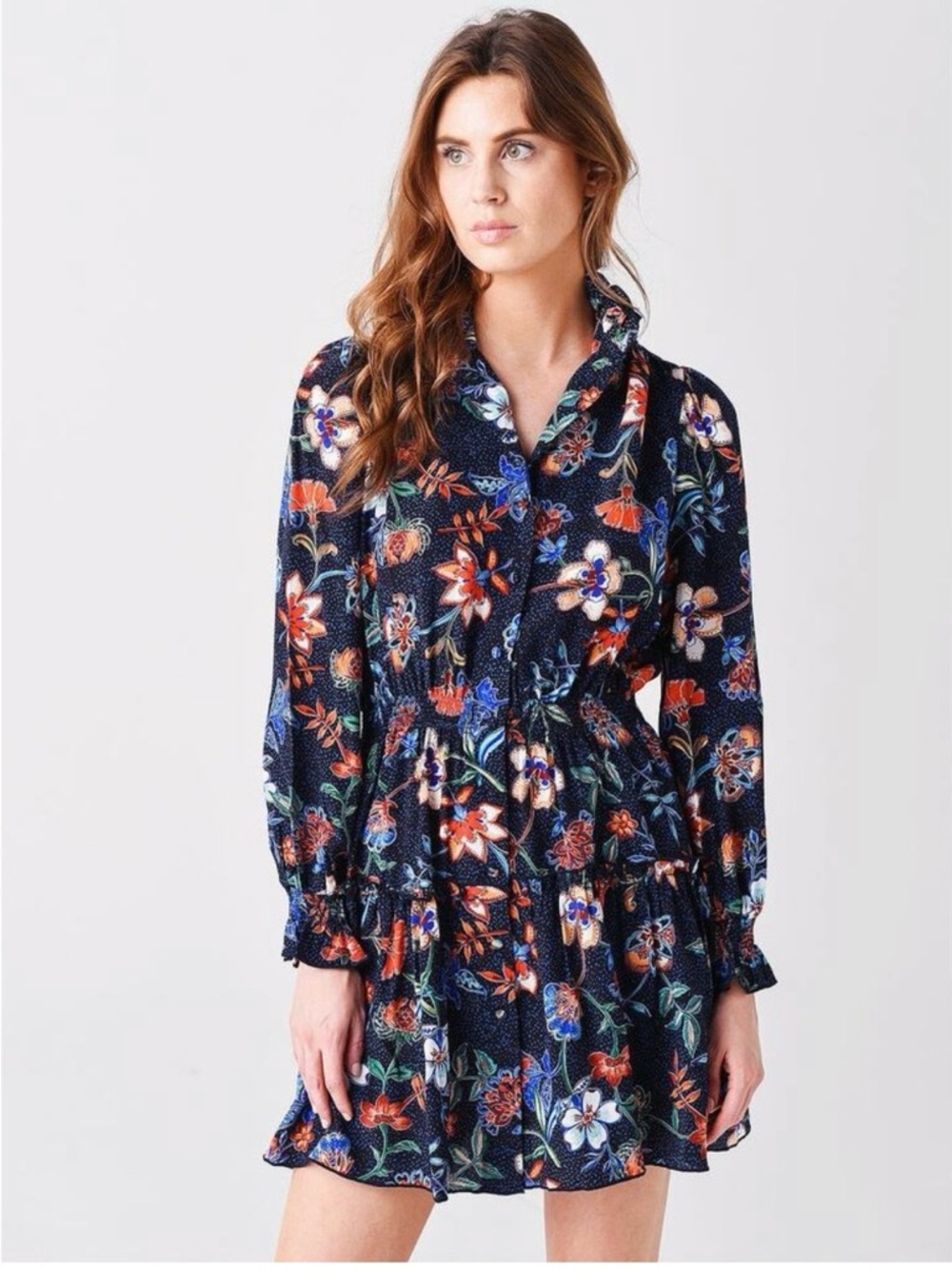 EUC HUNTER BELL Joplin Dress. Navy floral print. Size L. Retail price $375.
